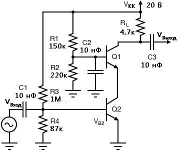 Рис. 11. Каскодный слаботочный усилитель класса А с высоким коэффициентом усиления.