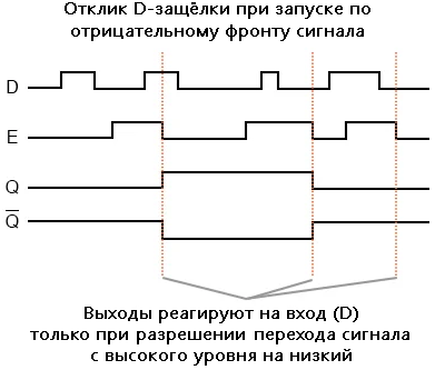 Рис. 3. Отклик D-защёлки при запуске по отрицательному фронту.