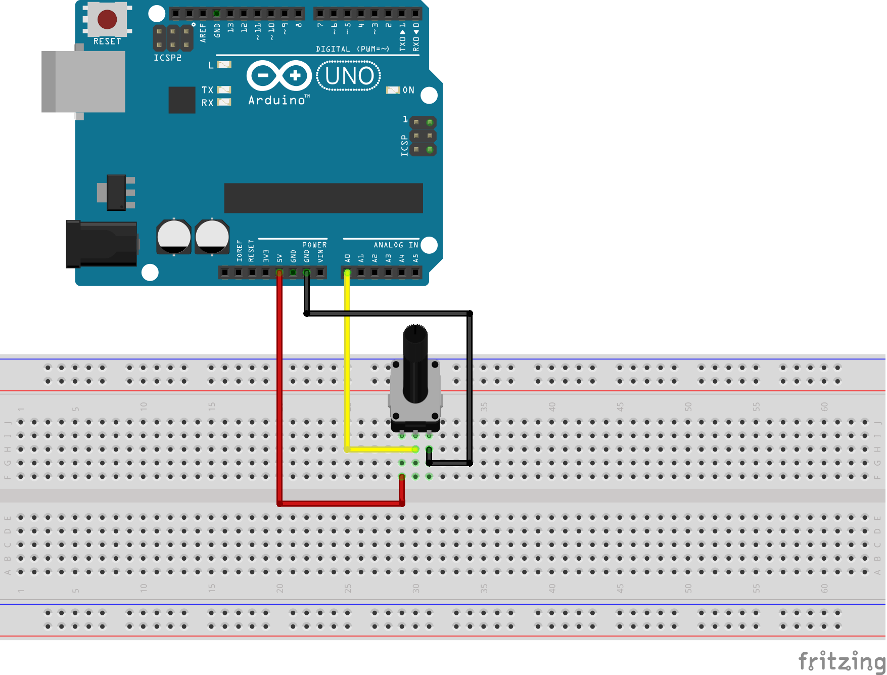 Рис. 1. Плата Arduino с подключенным потенциометром.