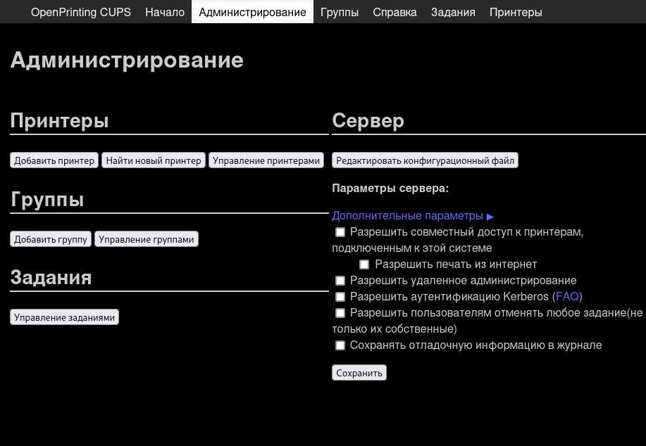Рис. 1. Страница конфигурации принтера.