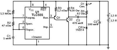 Рис. 1. Схематическая диаграмма: 555-конфигурация мультивибратора с нестабильным таймером.