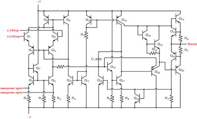Рис. 4. Принципиальная схема операционного усилителя модели 741.