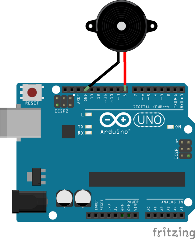 Рис. 1. Плата Arduino с подключенным пьезодинамиком