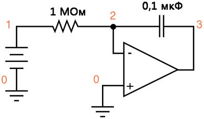 Рис. 7. Схематическая диаграмма для SPICE: интегратор.