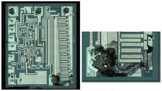 Рис. 1. Пример скрытого повреждения от ESD, так называемый "ходячий раненый". Эта трёхвыводная микросхема стабилизатора работала ещё примерно час после первоначального повреждения от разряда.